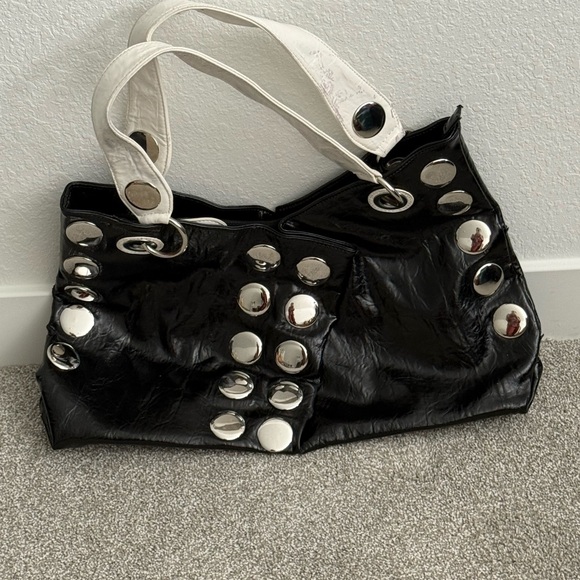 Glossy Black and Silver Studded Shoulder Bag - Picture 15 of 16